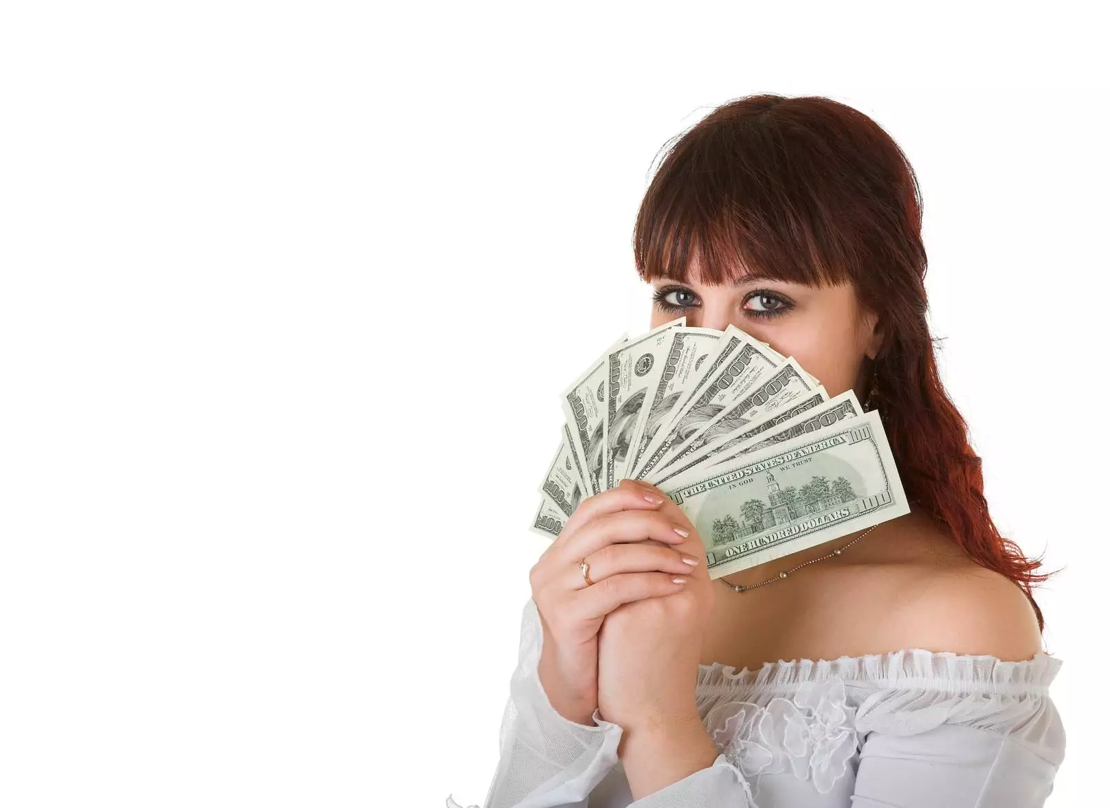 Girl with money covering her face happy