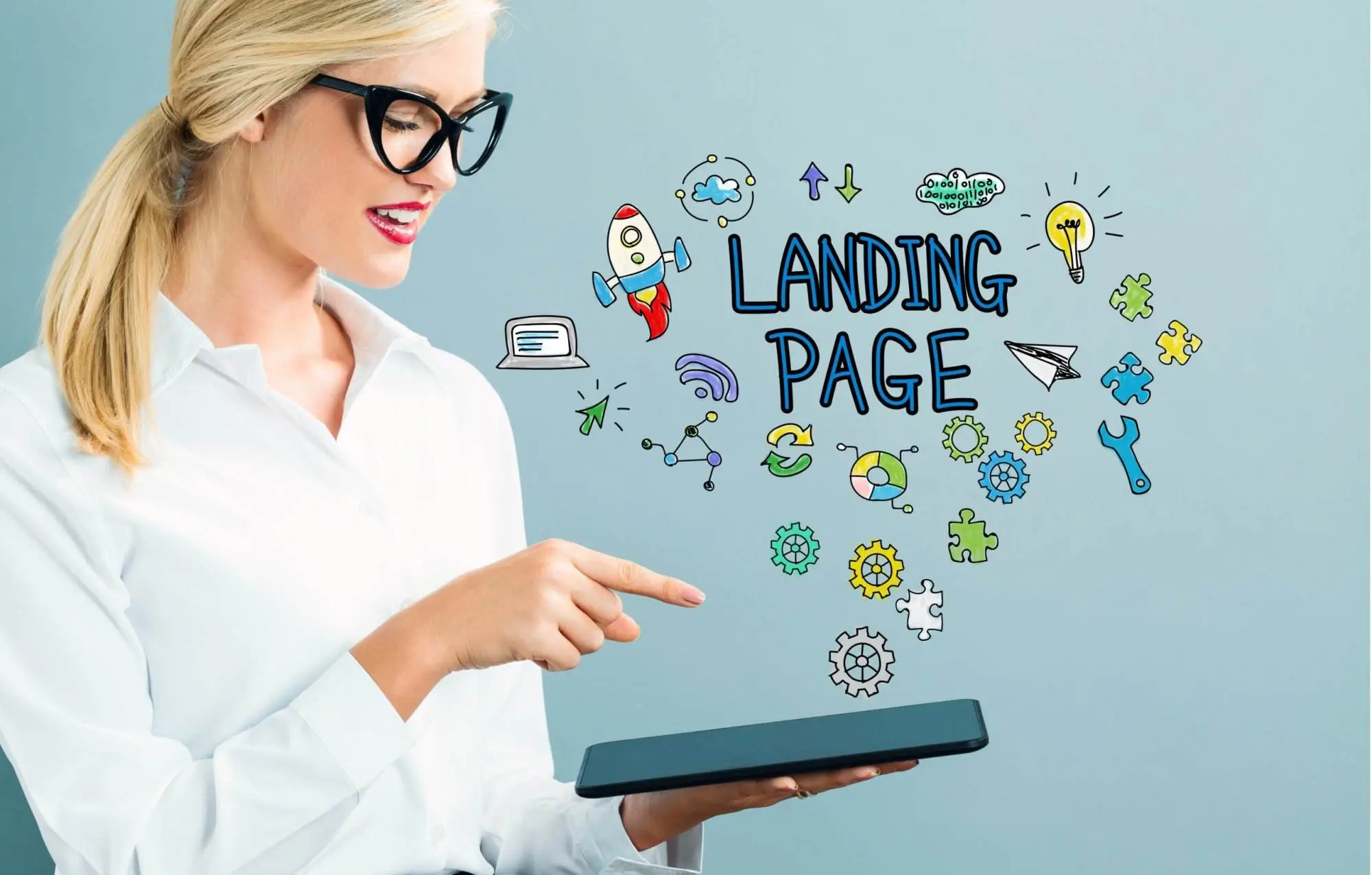 Woman presenting colorful landing page concept on tablet.