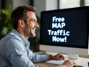 Man seeing message on PC screen Free MAP Traffic Now